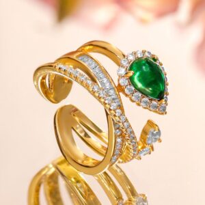 18K Gold-Plated Emerald Green & Cubic Zirconia Studded Floral Adjustable Ring