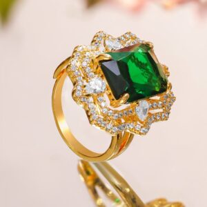 18K Gold-Plated Emerald Green & Cubic Zirconia Studded Floral Halo Adjustable Ring