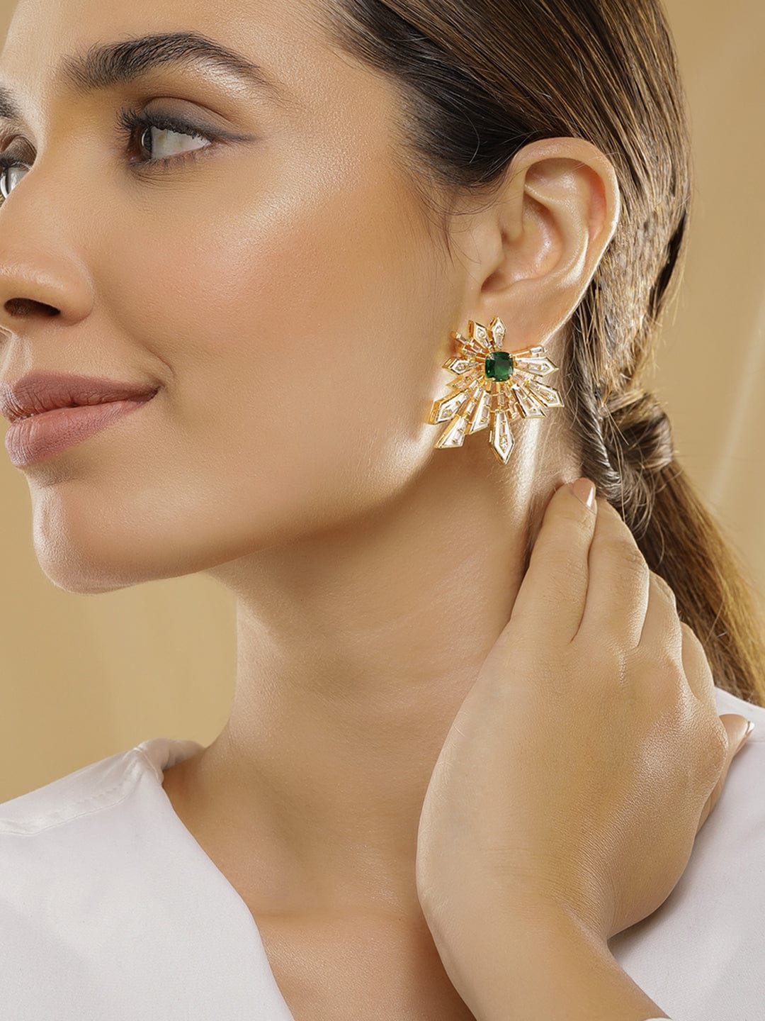 18K Gold-Plated Emerald Green & Cubic Zirconia Studded Statement Stud Earrings - Gold