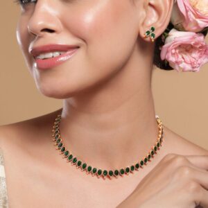 18K Gold-Plated Emerald Studded Traditional Necklace Set - Gold