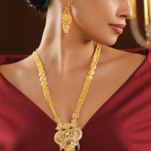 18K Gold-Plated Floral Filigree Long Necklace Set with Drop Earrings