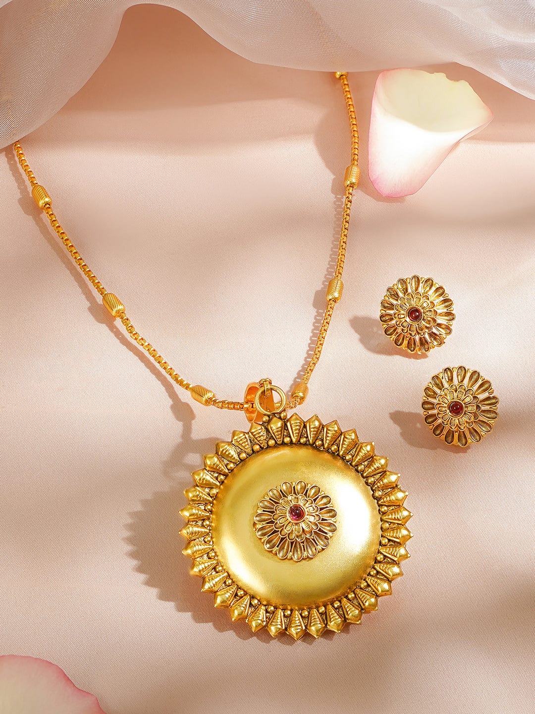 18K Gold-Plated Floral Motif Ethnic Pendant Necklace Set with Ruby Red Center Stone