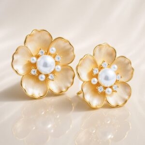 18K Gold-Plated Floral Stud Earrings with Golden Beige Enamel, Pearls & Zirconia