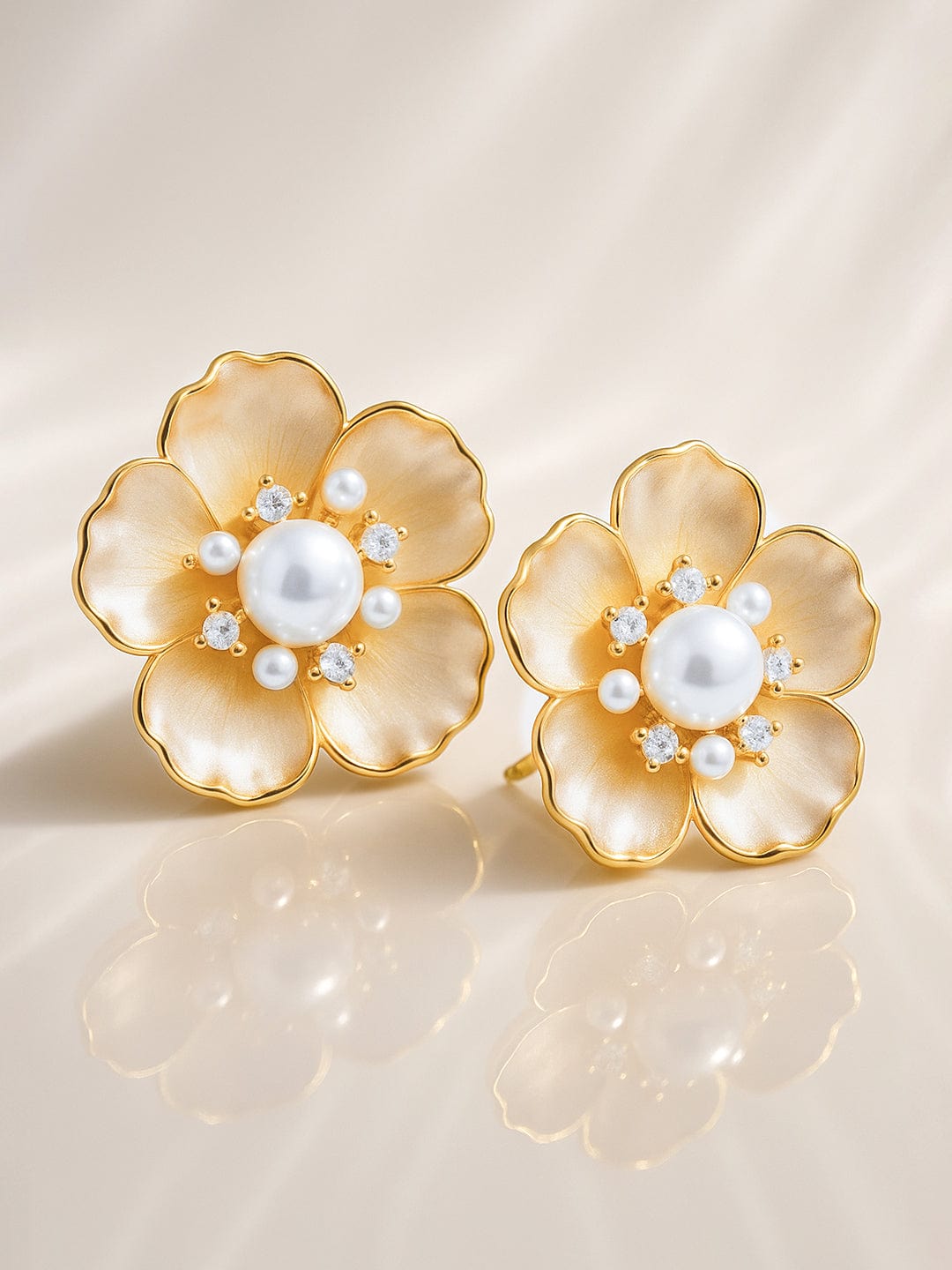 18K Gold-Plated Floral Stud Earrings with Golden Beige Enamel, Pearls & Zirconia