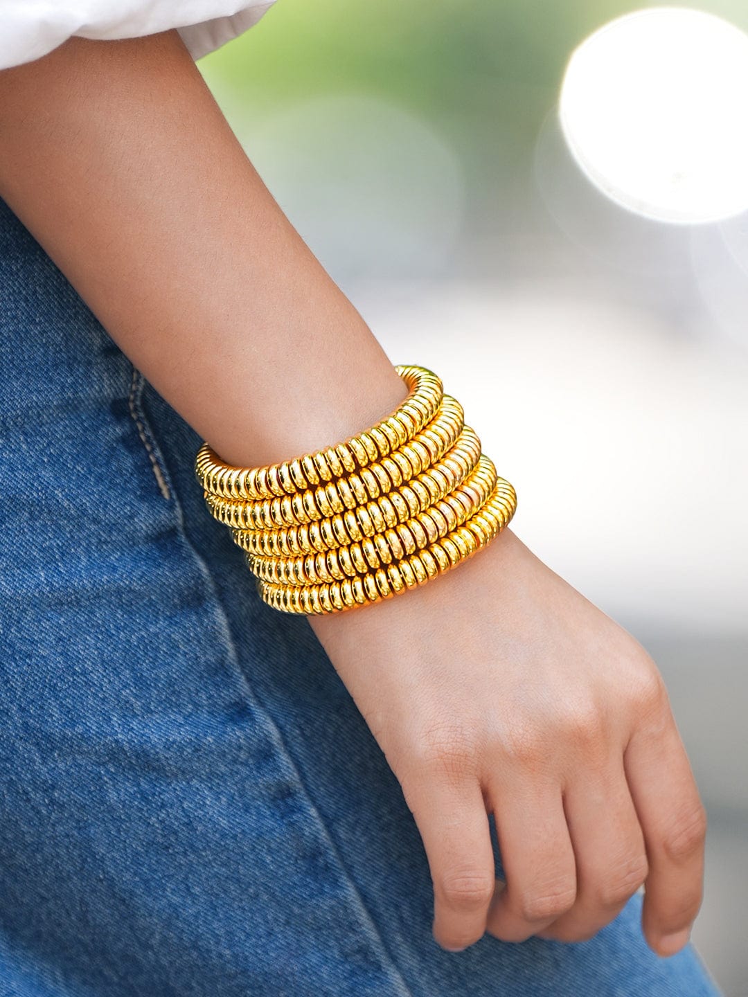 18K Gold-Plated Glossy Golden Beaded Multi-Layered Coiled Bracelet for Women - Gold 1