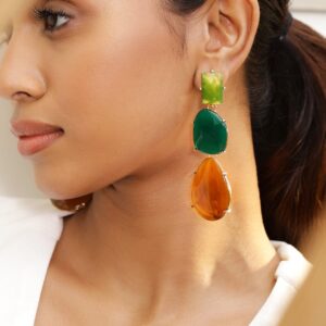 18K Gold-Plated Green & Amber Beaded Stylish Drop Earrings - Green & Amber