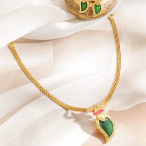 18K Gold-Plated Green Enamel Leaf Pendant Necklace Set with Pink & White Stone Floral Accents for Women