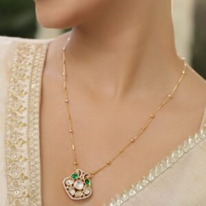 18K Gold-Plated Green & White Kundan and Cubic Zirconia Pendant Necklace