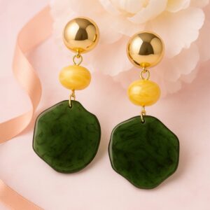 18K Gold-Plated Green & Yellow Beaded Stylish Drop Earrings - Gold