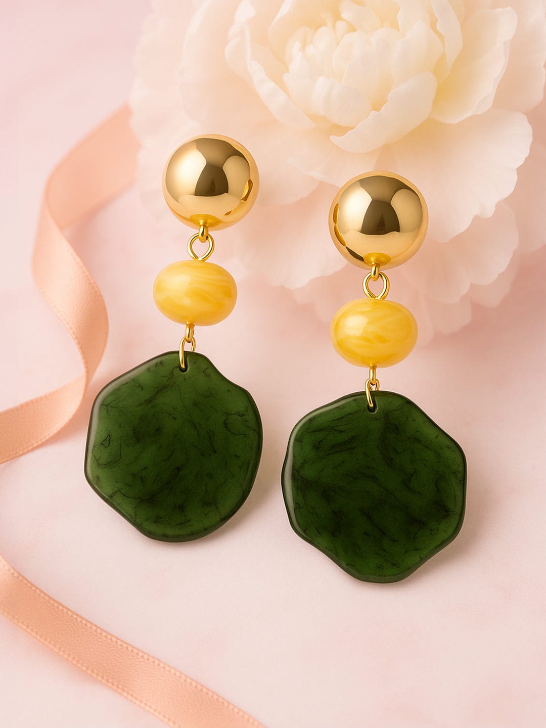 18K Gold-Plated Green & Yellow Beaded Stylish Drop Earrings - Gold