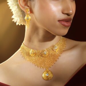 18K Gold-Plated Handcrafted Filigree Mesh Statement Choker Necklace Set with Dome Motif & Fringe Accents for Women