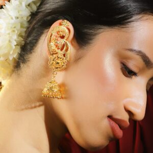 18K Gold-Plated Handcrafted Peacock Design Full Ear-Coverage Filigree Jhumka Earrings for Women