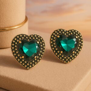 18k Gold-Plated Heart-Shaped Green Crystal Stud Earrings with Black Stone Border