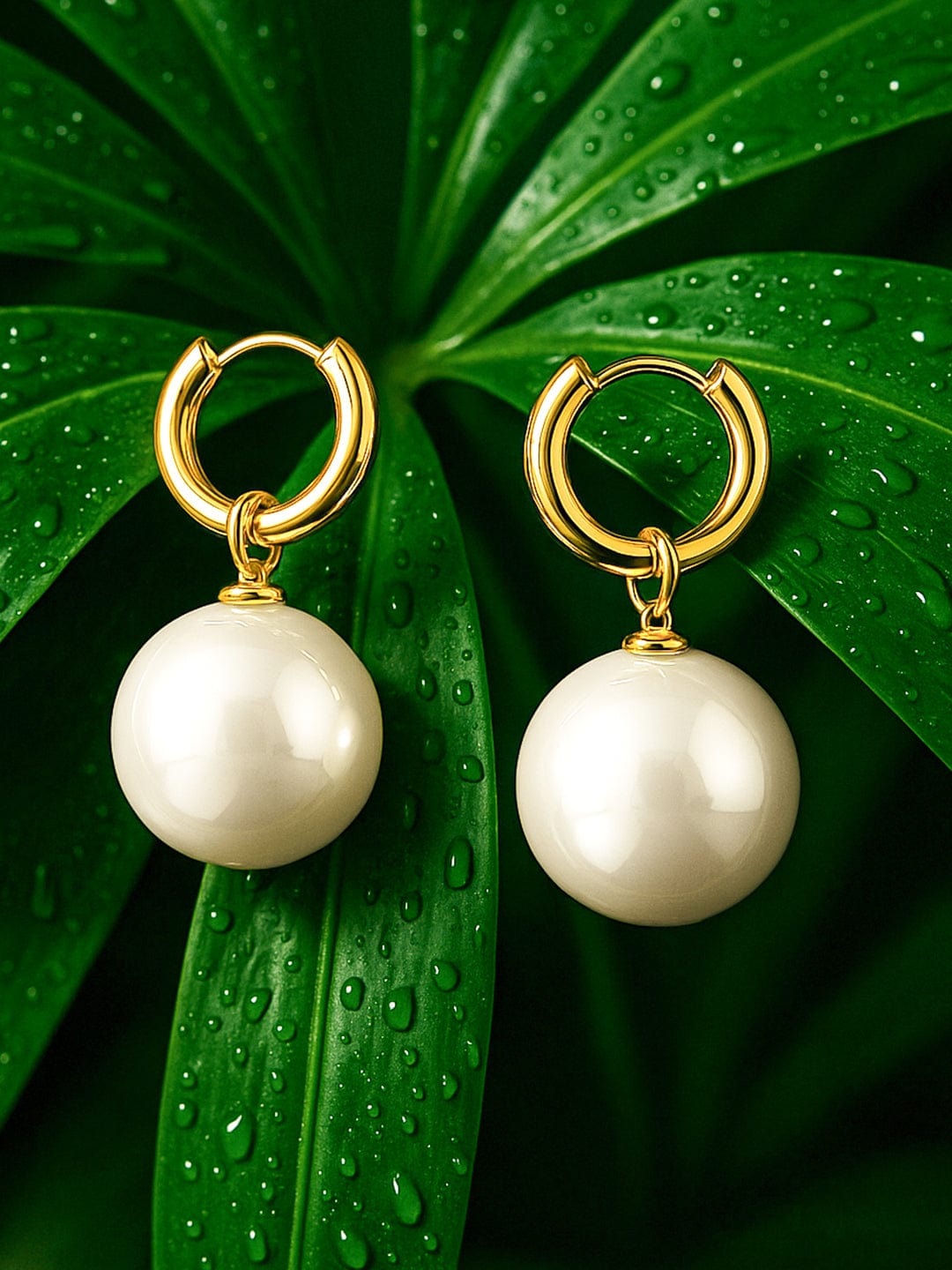 18K Gold-Plated Hoop Earrings with Oversized Glossy Cream Pearl Drops - White