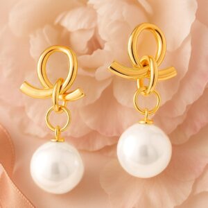 18K Gold-Plated Knotted Loop Earrings with Elegant White Pearl Drop Detailing