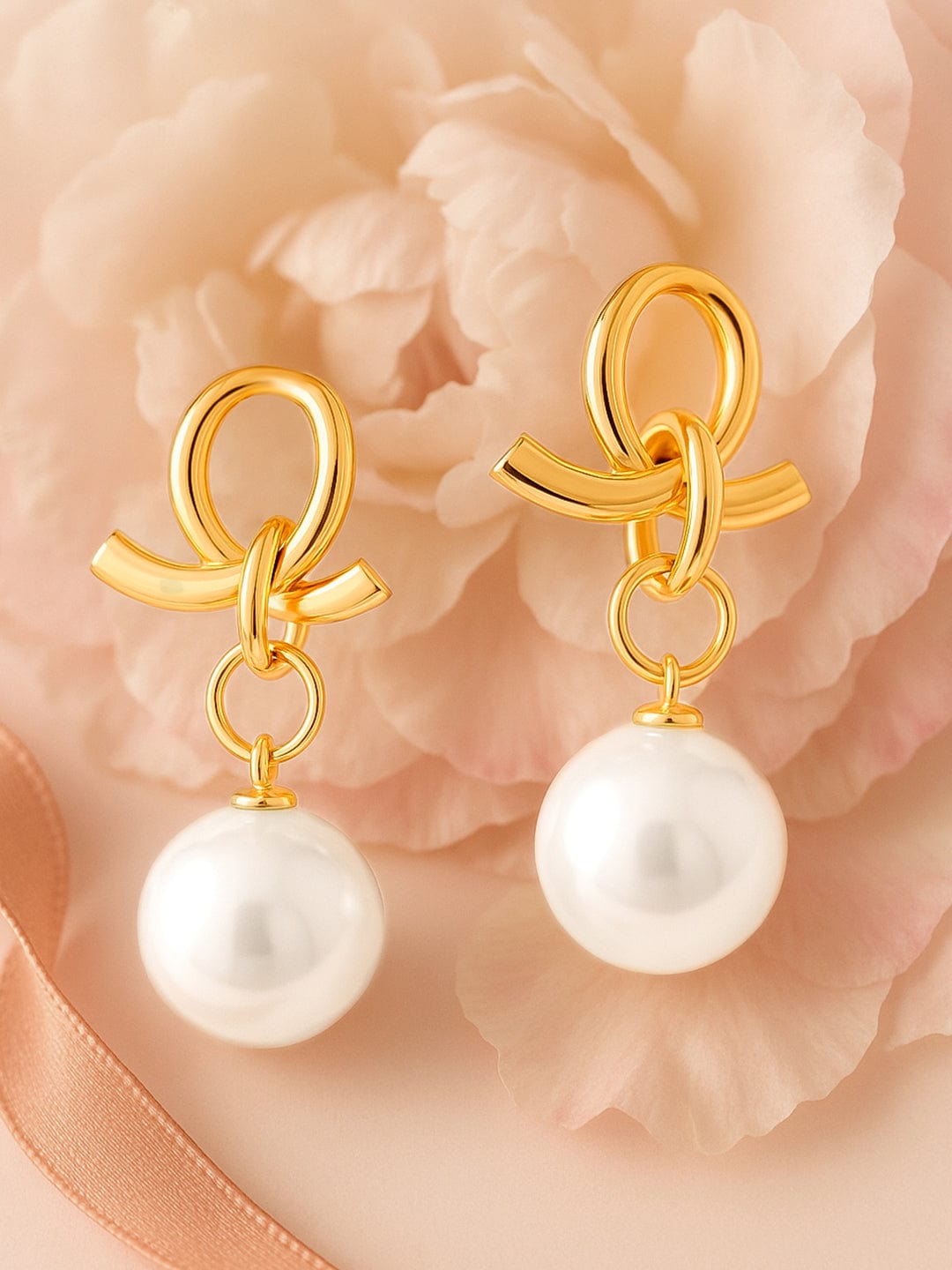18K Gold-Plated Knotted Loop Earrings with Elegant White Pearl Drop Detailing