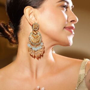 18K Gold-Plated Kundan Long Chandbali Earrings with Sky Blue Stones & Beaded Danglers