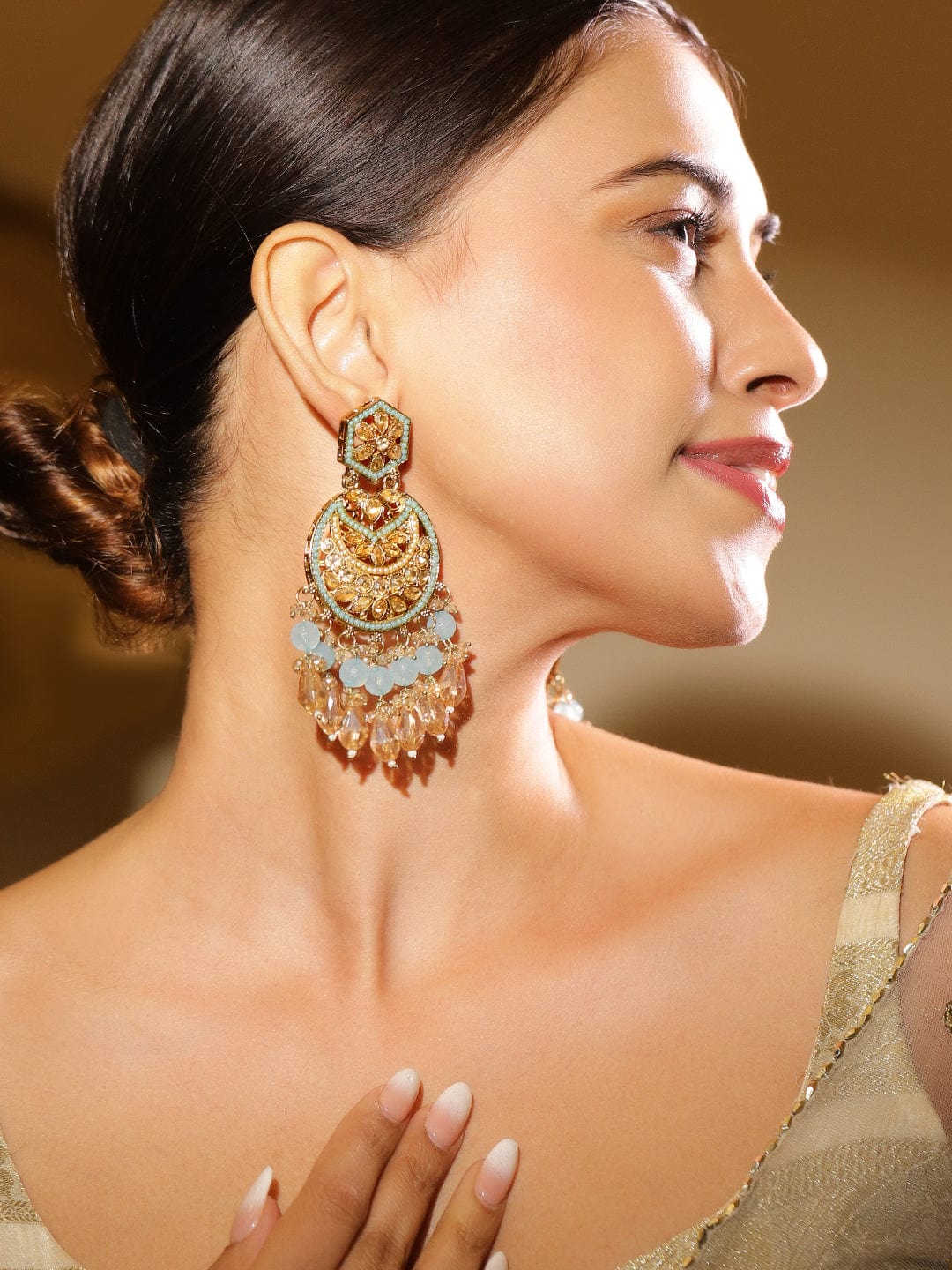 18K Gold-Plated Kundan Long Chandbali Earrings with Sky Blue Stones & Beaded Danglers