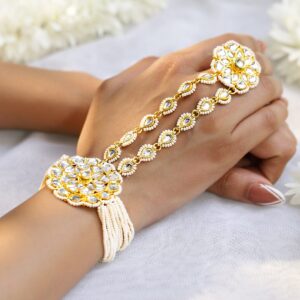 18K Gold-Plated Kundan & Pearl Beaded Handcrafted Haathpool Ring Bracelet - Gold