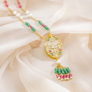 18K Gold-Plated Kundan Pendant Necklace with Enamel Floral Detailing, Green and Pink Beads, White Kundan Centre & Pearls