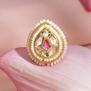 18K Gold-Plated Kundan Studded Adjustable Finger Ring with Ruby Pink Center & White Pearl Beaded Border