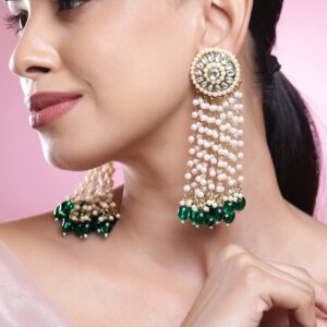 18K Gold-Plated Kundan Studded Multilayer Pearl Beaded Green Drop Chandelier Earrings