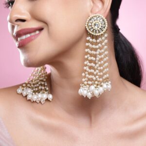 18K Gold-Plated Kundan Studded Multilayer White Pearl Beaded Drop Chandelier Earrings