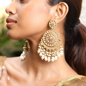18K Gold-Plated Kundan Studded White Pearl Beaded Handcrafted Chandbali Earrings - Gold