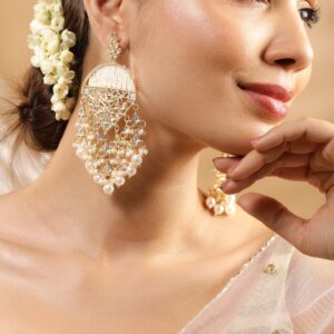 18K Gold Plated Kundan Work and Off-White Pearl Beaded Handcrafted Big Chandelier - Gold