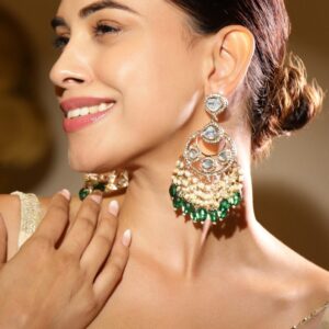 18K Gold-Plated Kundan & Zirconia Studded Long Chandbali Earrings with Pearl & Green Bead Danglers