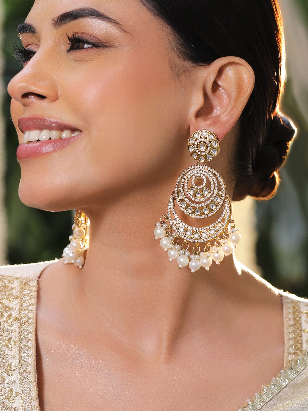 18K Gold-Plated Kundan, Zirconia & White Pearl Beaded Long Chandbali Earrings
