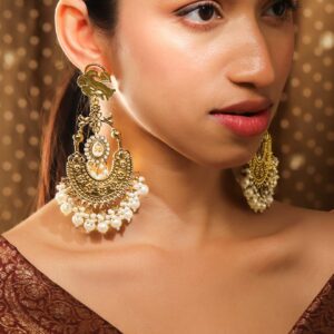 18K Gold-Plated Large Chandbali Earrings with White Pearl Beaded Accents - Magenta