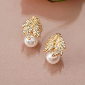 18K Gold-Plated Leaf Design Cubic Zirconia & Pearl Drop Stud Earrings
