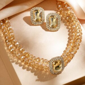 18K Gold-Plated Light Gold Crystal Beaded & Cubic Zirconia Statement Necklace Set - Gold