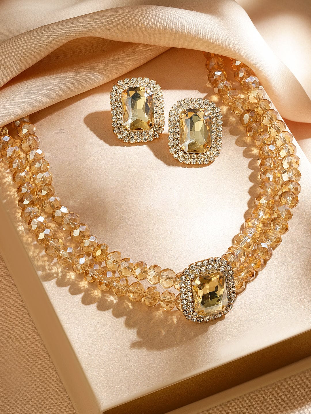 18K Gold-Plated Light Gold Crystal Beaded & Cubic Zirconia Statement Necklace Set - Gold
