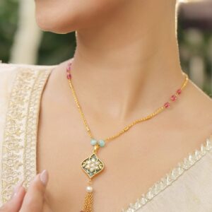 18K Gold-Plated Mint Green Enamel and Kundan Floral Pendant Necklace with Pearl and Ruby Pink Beaded Tassel