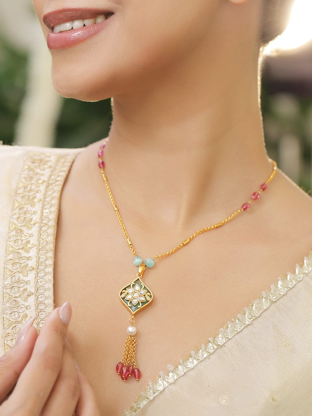 18K Gold-Plated Mint Green Enamel and Kundan Floral Pendant Necklace with Pearl and Ruby Pink Beaded Tassel