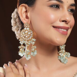18K Gold-Plated Mint Green & White Kundan Studded Chandbali with Beaded Detailing