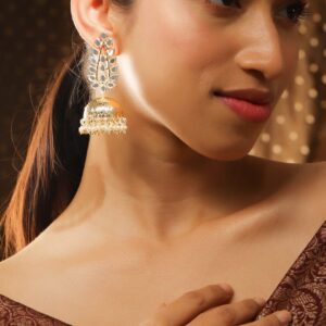 18K Gold Plated Mirror Studded & Pearl Beaded Traditional Jhumkas Earrings