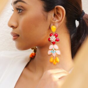 18K Gold-Plated Multi-Color Floral Statement Big Drop Earrings - Gold