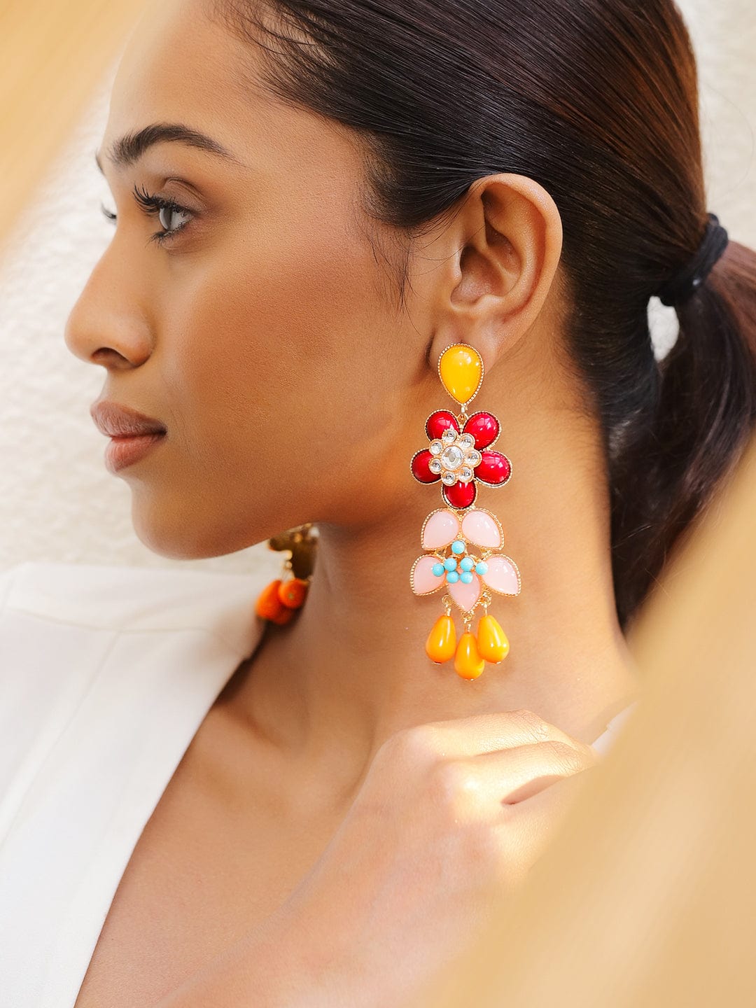 18K Gold-Plated Multi-Color Floral Statement Big Drop Earrings - Gold