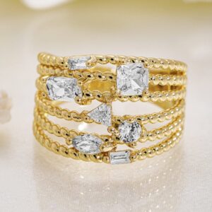 18K Gold Plated Multi-Layered Cubic Zirconia Studded Adjustable Finger Ring - Gold