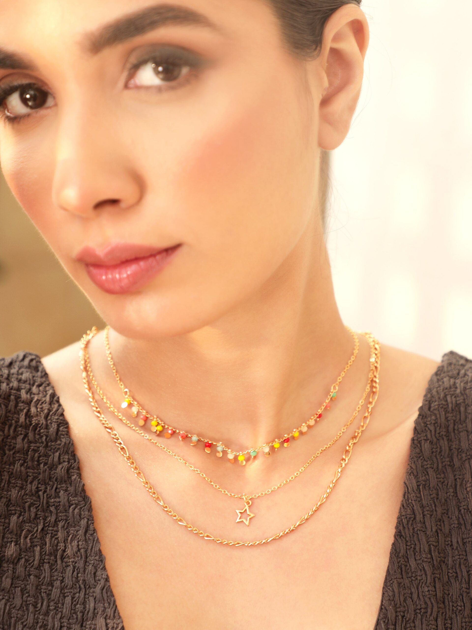 18K Gold Plated Multicolor Beaded Star Charm Multi-Layered Necklace