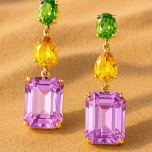 18K Gold Plated Multicolor Gemstone Drop Earrings with Green, Yellow & Purple Stone