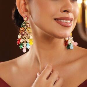 18K Gold-Plated Multicolor Kundan & Pearl Studded Handcrafted Long Chandelier Earrings