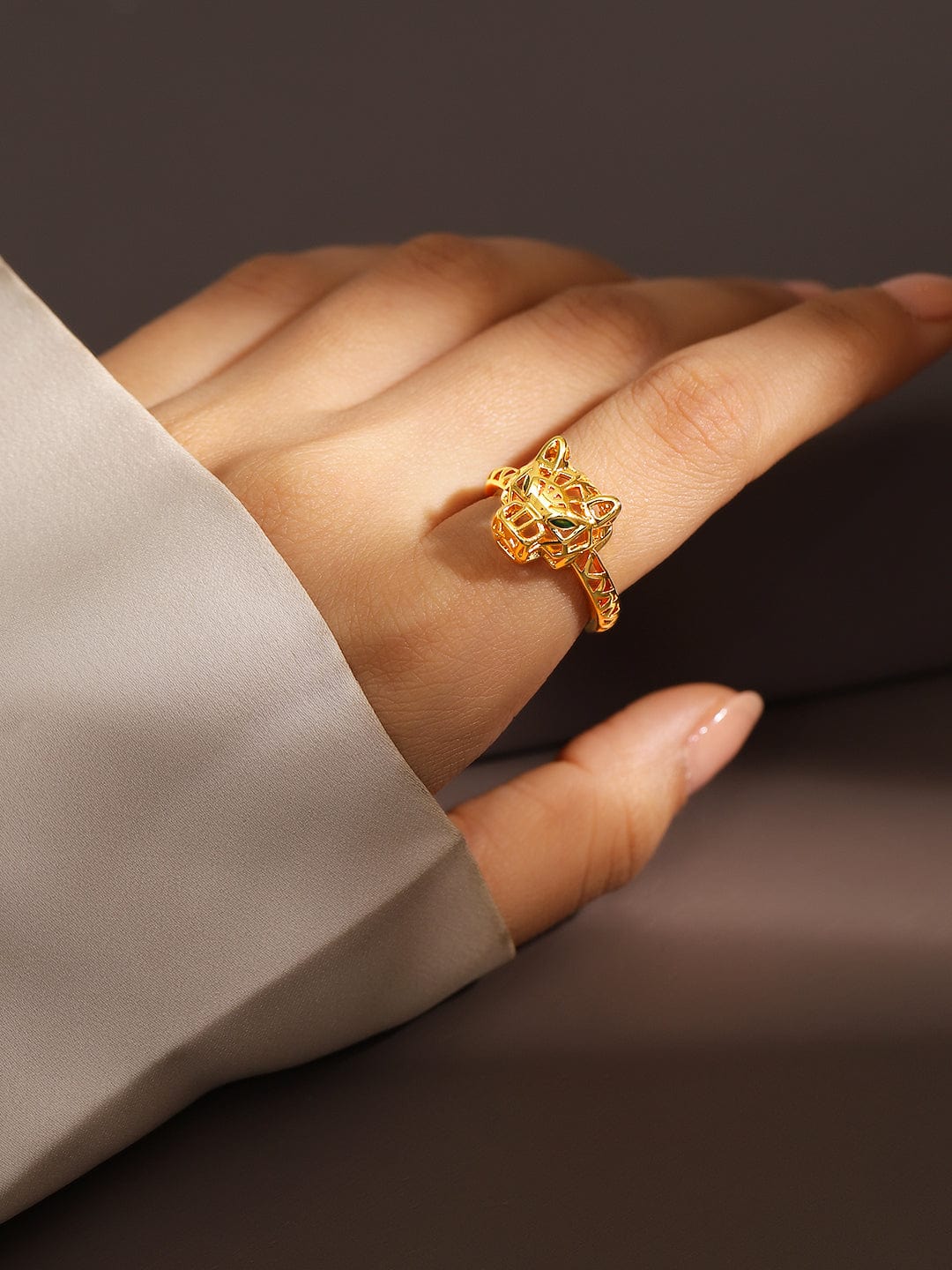 18K Gold-Plated Openable Adjustable Panther Motif Statement Ring - Gold