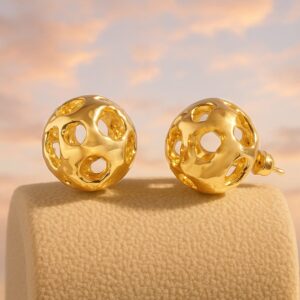 18K Gold Plated Openwork Round Stud Earrings with Intricate Artistic Design