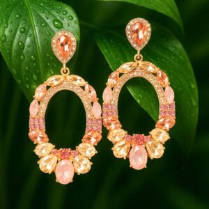 18K Gold-Plated Oval Pink & Champagne Crystal Studded Statement Dangle Earrings