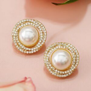 18K Gold-Plated Oversize Pearl Stud Earring with Round & Pave Cubic Zirconia Design