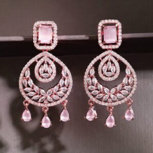 18K Gold-Plated Pastel Pink AD & Cubic Zirconia Studded Chandelier Earrings - Rose Gold
